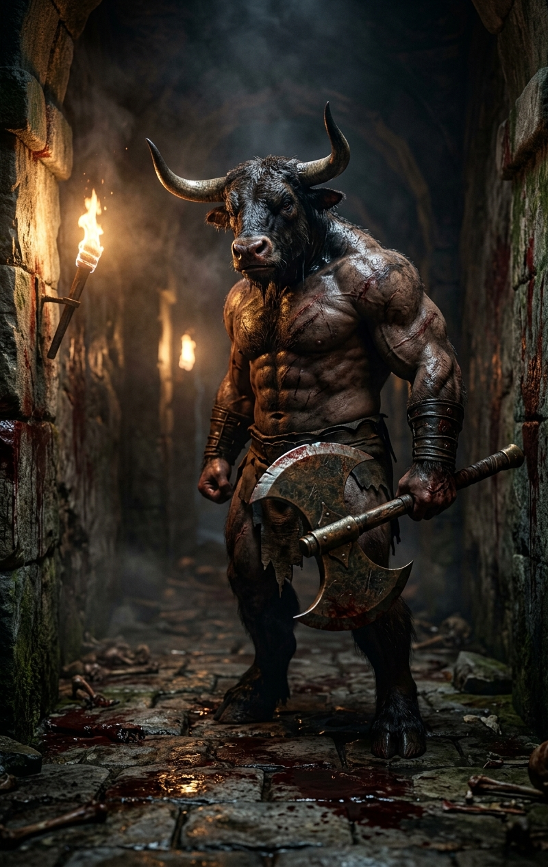 The Minotaur, a hulking man with a bull's head, standing in a dark, blood-staine