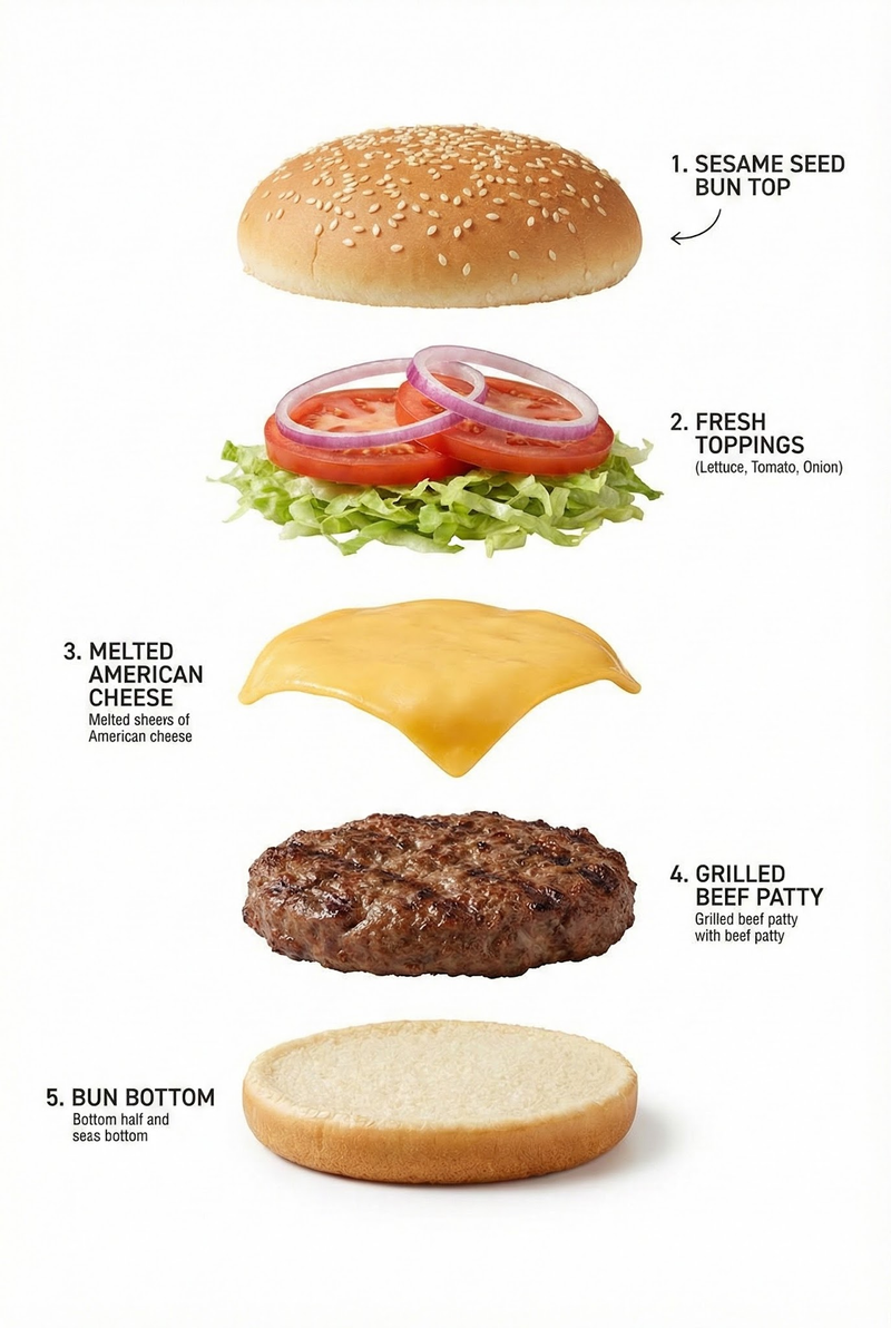 Exploded view of the Hamburger, presented as a clean, commercial recipe-style br