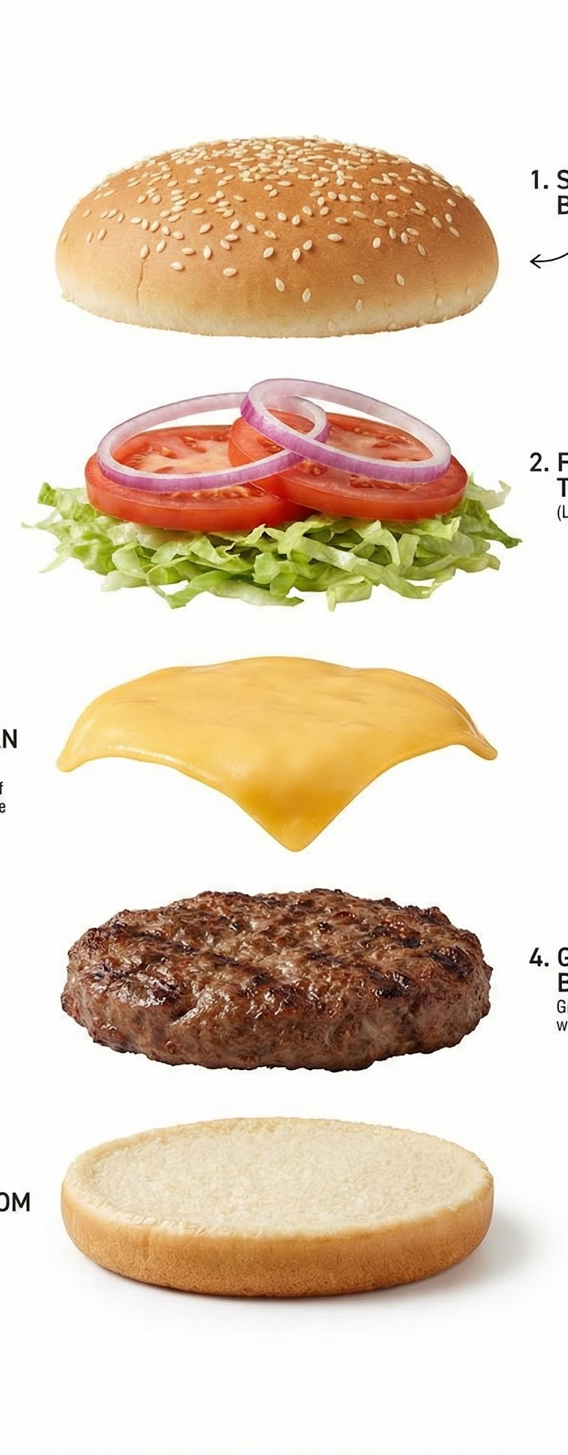 Exploded view of the Hamburger, presented as a clean, commercial recipe-style br