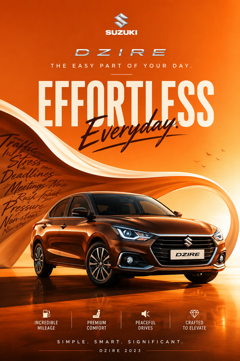 Create an ultra-premium conceptual automotive campaign poster for Suzuki Dzire 2