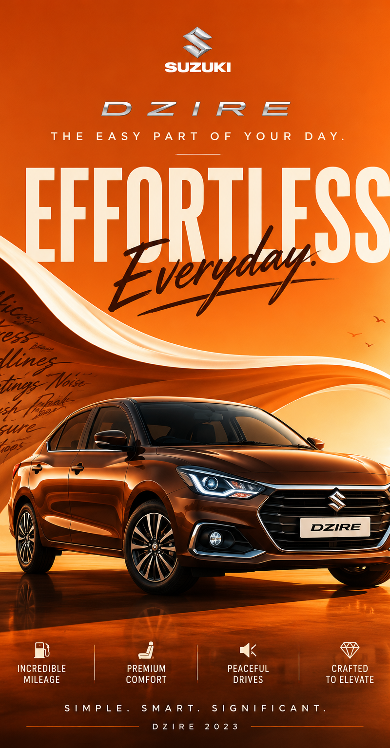 Create an ultra-premium conceptual automotive campaign poster for Suzuki Dzire 2