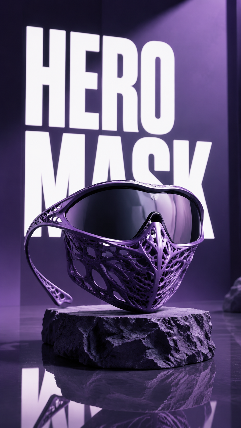 3D printed mask Story promotion oversized futuristic sunglasses positioned like 