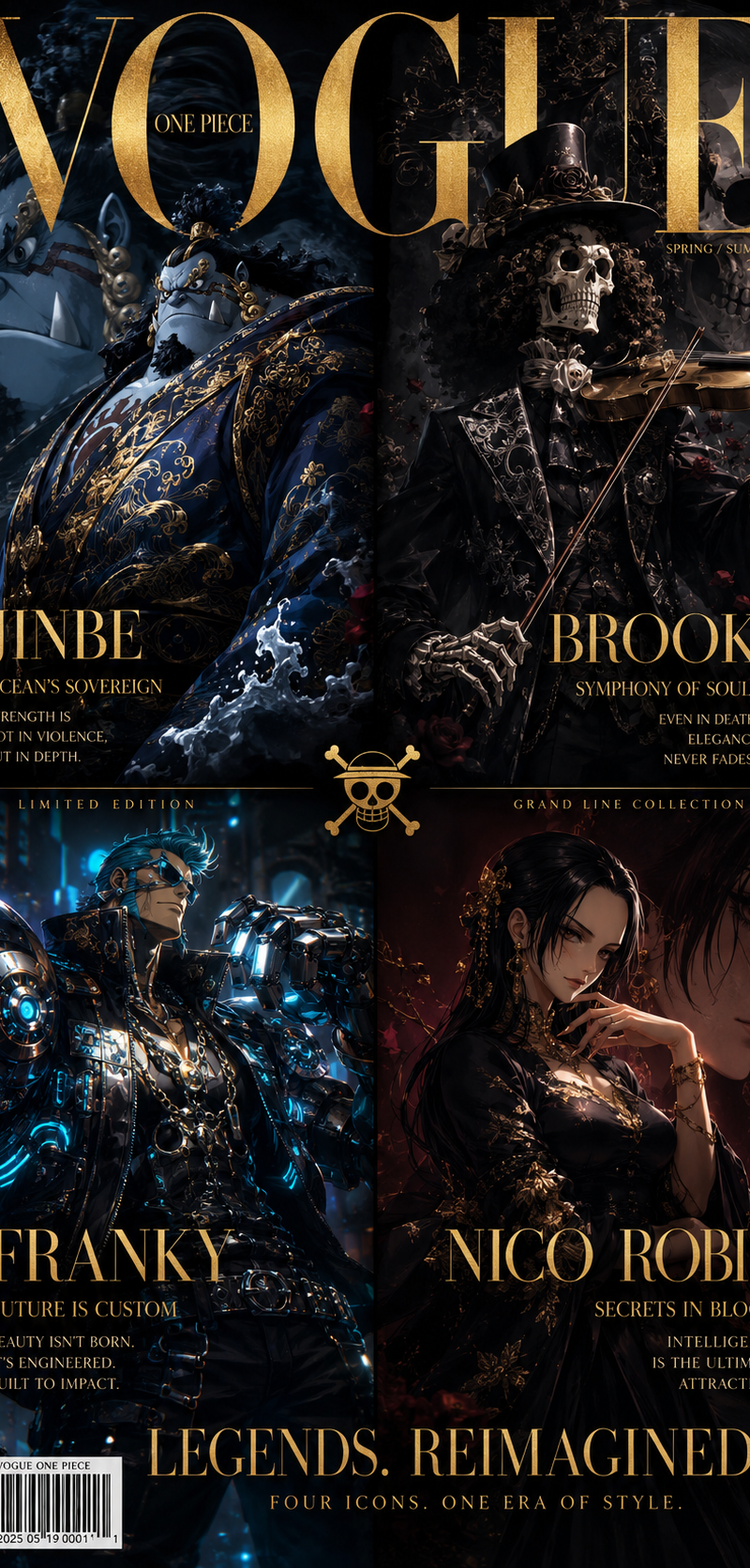 Luxury anime fashion magazine cover inspired by Vogue and haute couture editoria