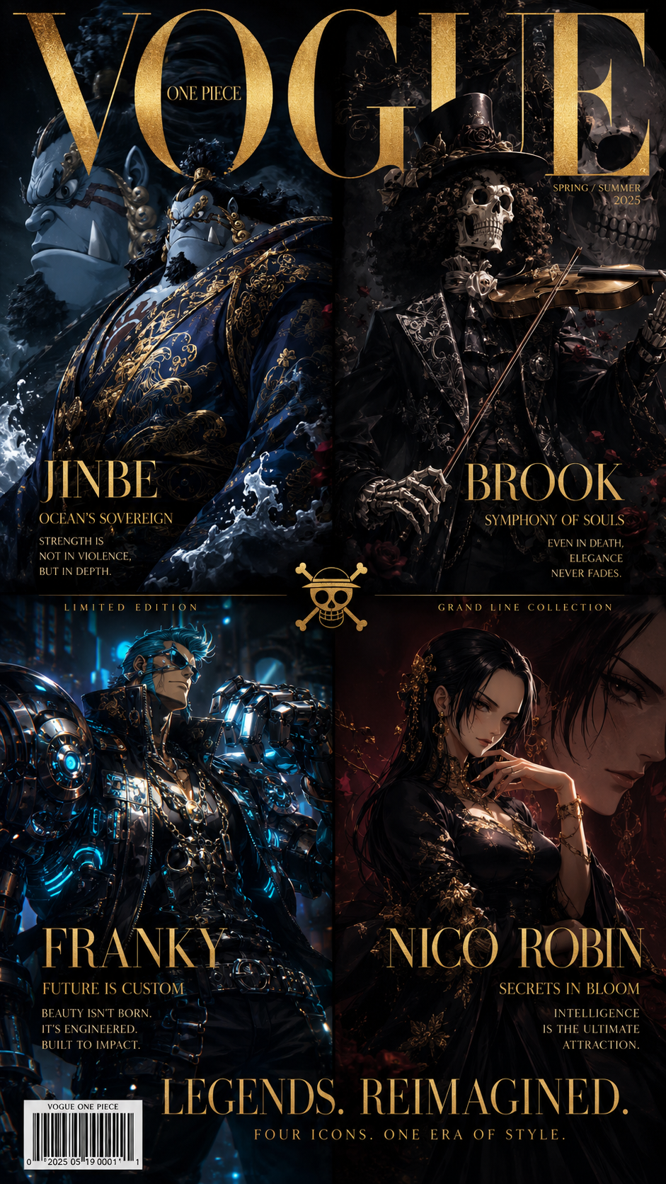 Luxury anime fashion magazine cover inspired by Vogue and haute couture editoria