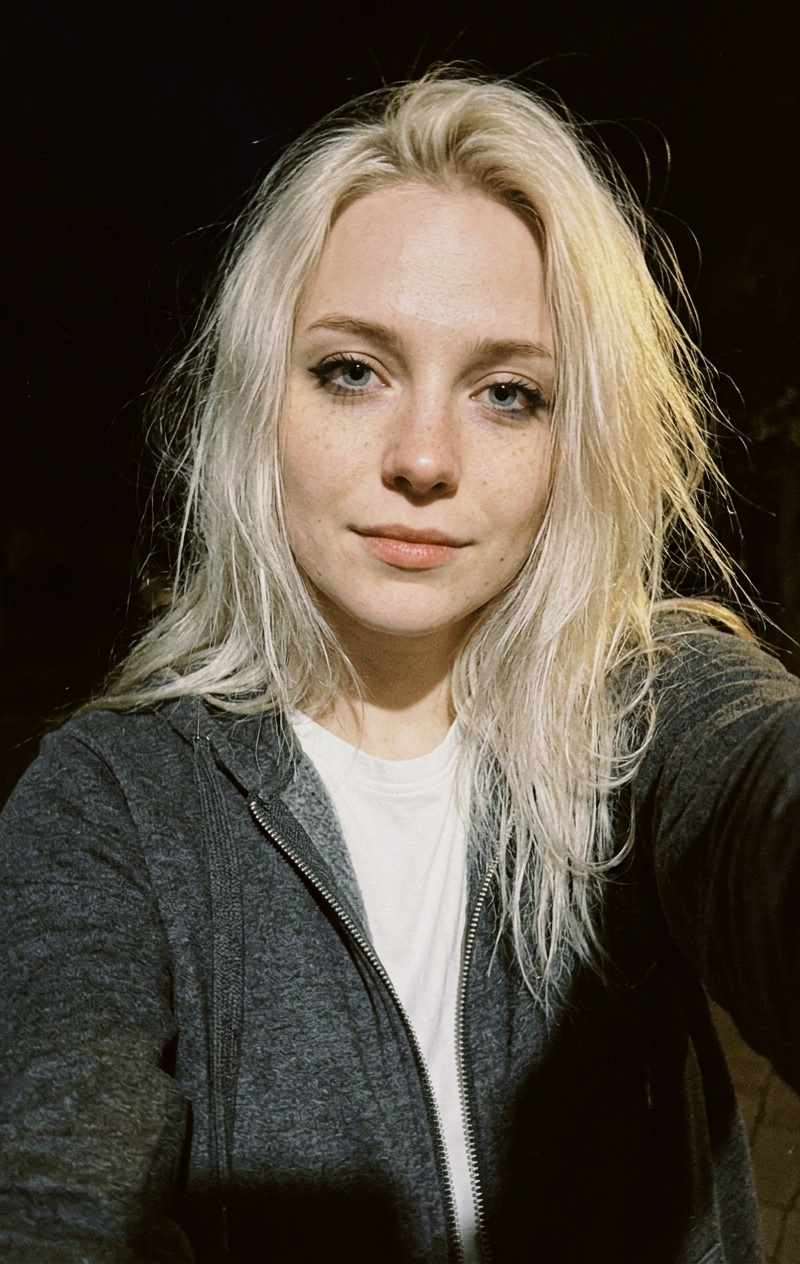 Super close up, extra details, low quality night selfie
