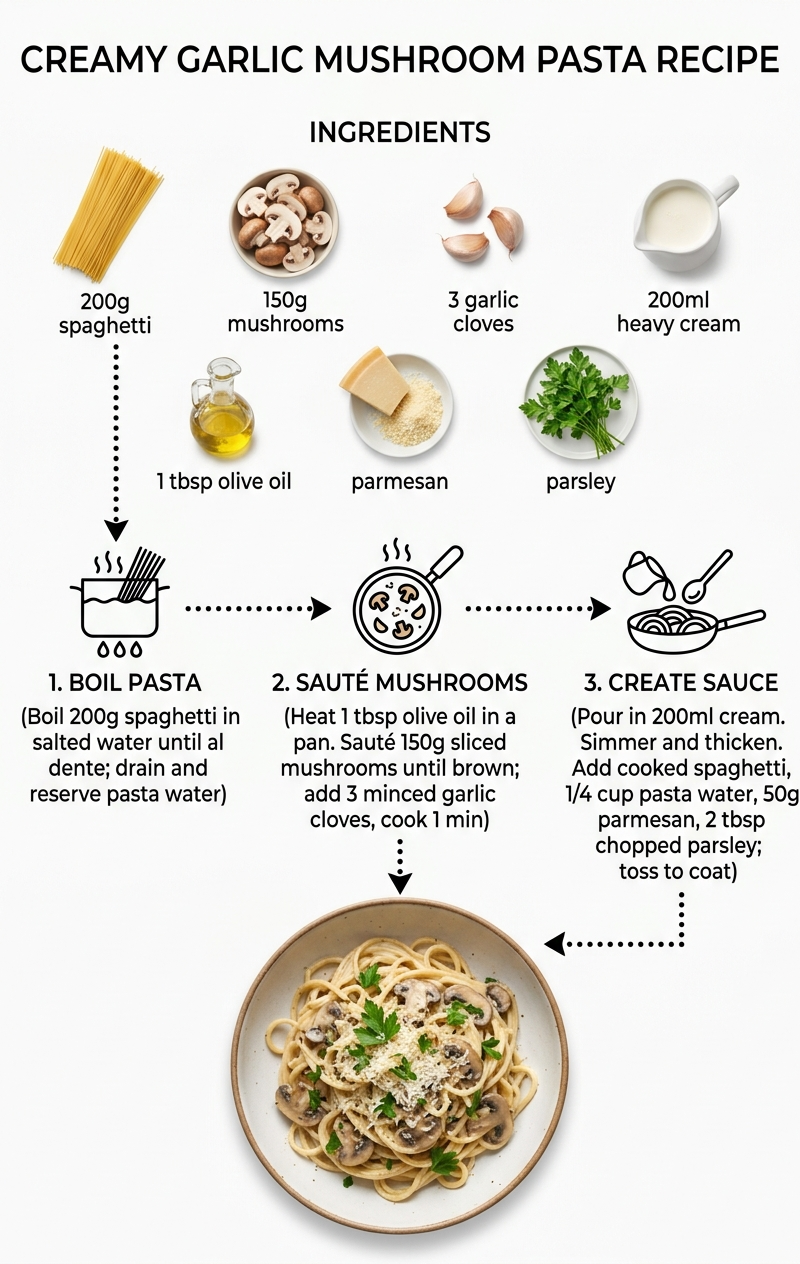 Create step-by-step recipe infographic for creamy garlic mushroom pasta, top-dow