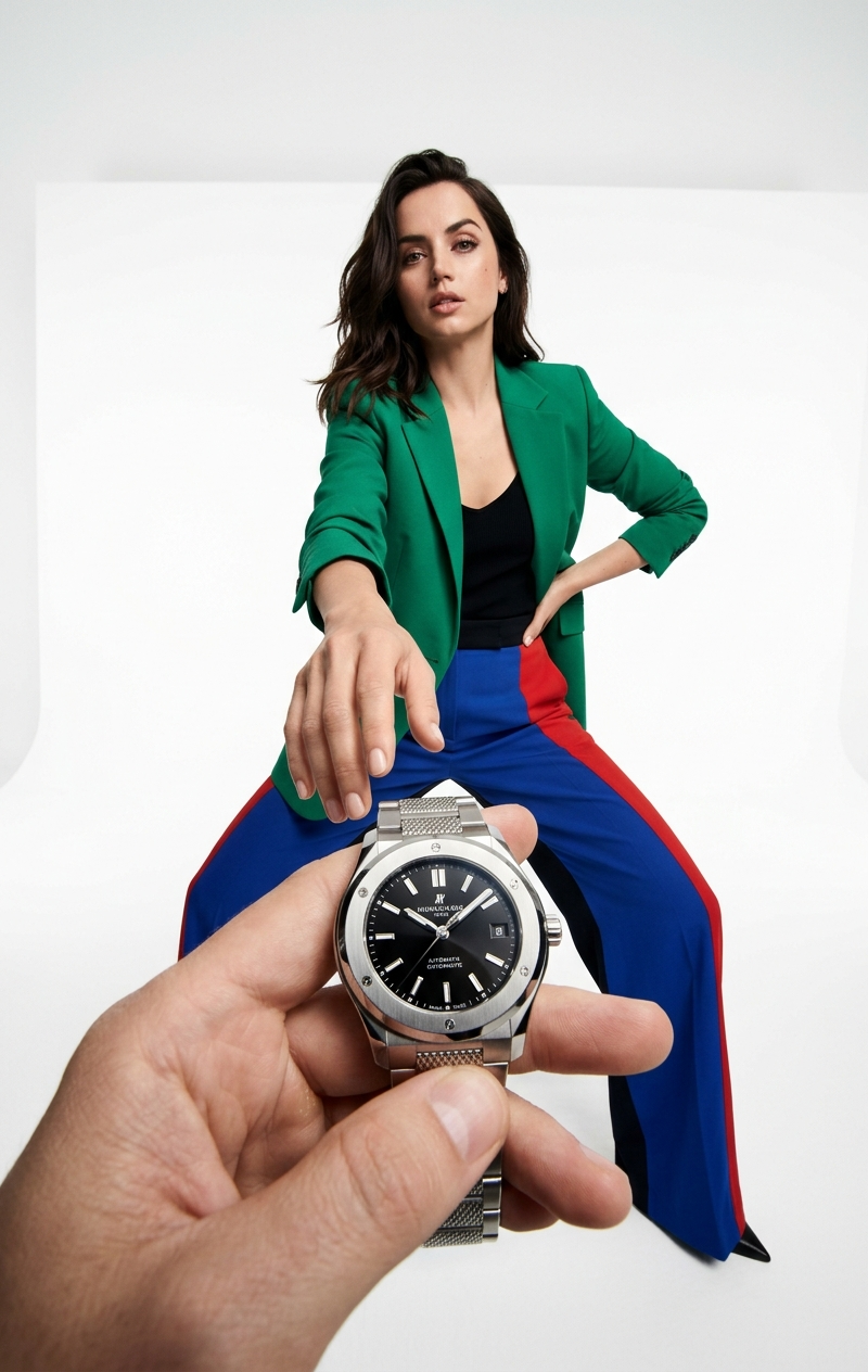 Low-angle fashion campaign photograph of a confident model resembling Ana de Arm