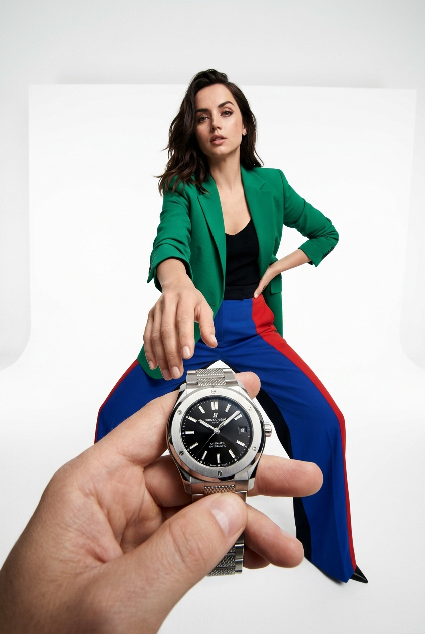Low-angle fashion campaign photograph of a confident model resembling Ana de Arm