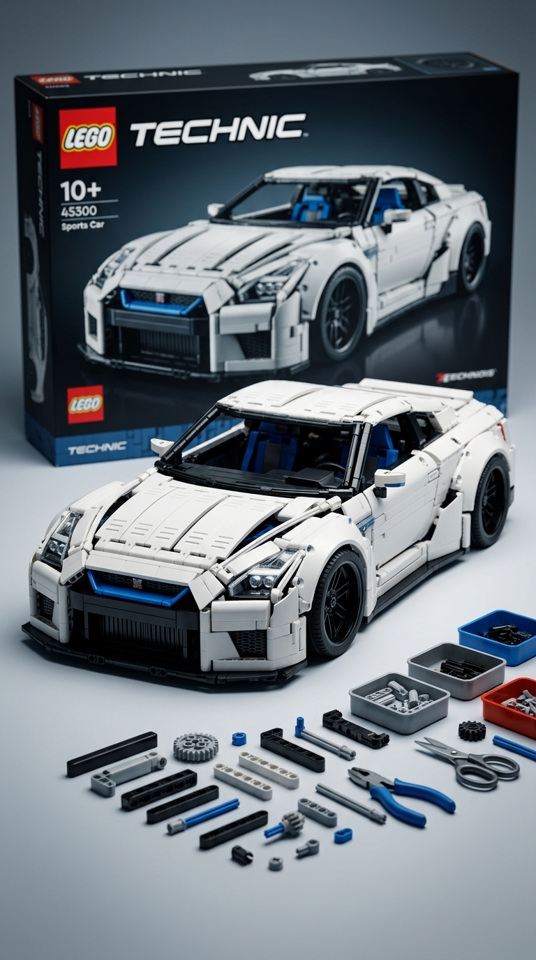 Ultra-detailed studio product render of a LEGO Technic style vehicle model based