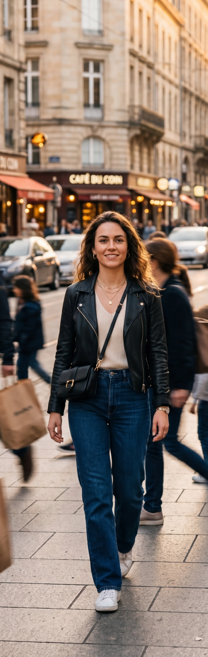 A stylish young woman walking through a busy street, surrounded by blurred pedes