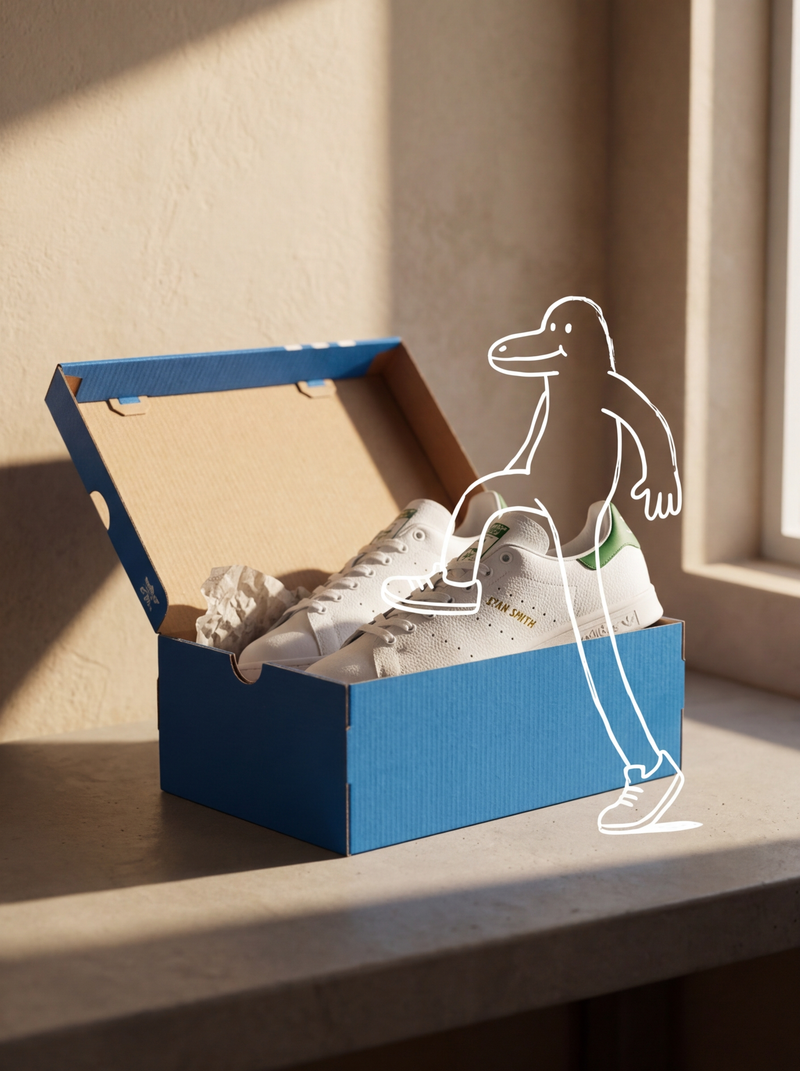 Adidas sneakers in the box, minimalist product photography, clean warm studio sc