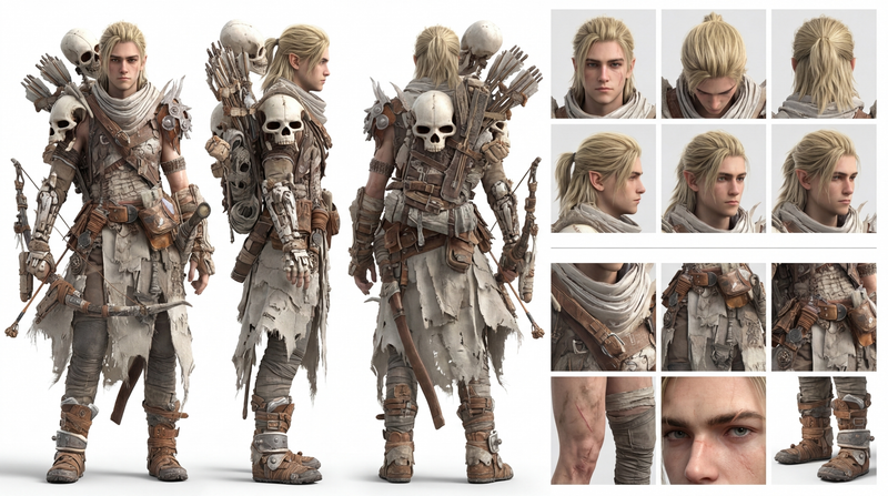 A high-definition, clean, minimalist character design board / character turnarou