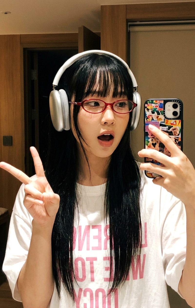 { "subject": { "description": "a young East Asian woman taking a mirror selfie,