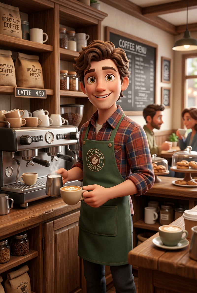 A high-quality 3D rendered character of a young, friendly barista with big expre