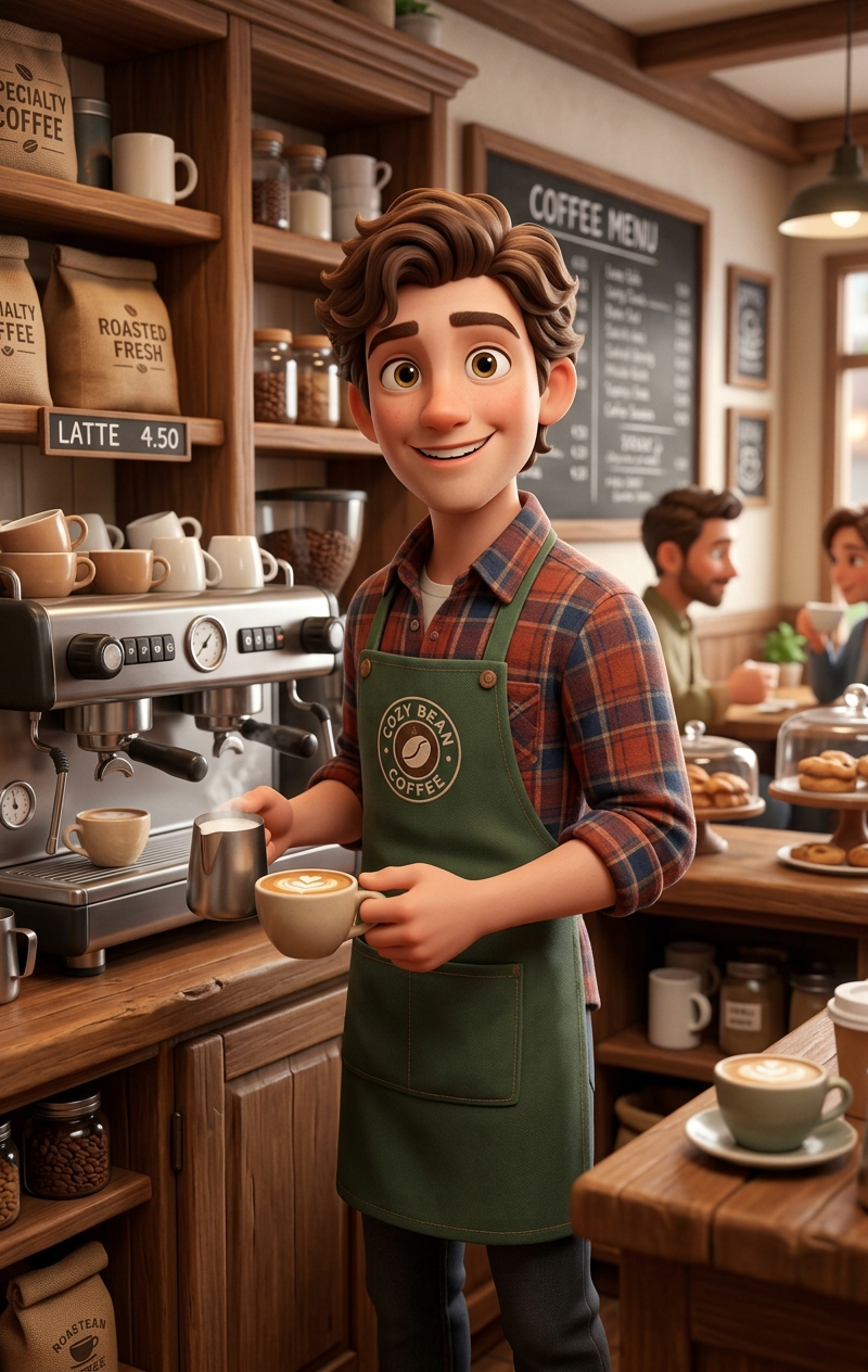 A high-quality 3D rendered character of a young, friendly barista with big expre