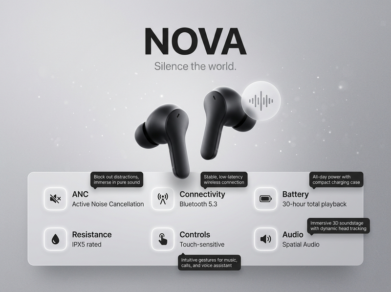 { "prompt": { "brand": " NOVA ", "title": "Pure Sound", "tagline": "Silence the 