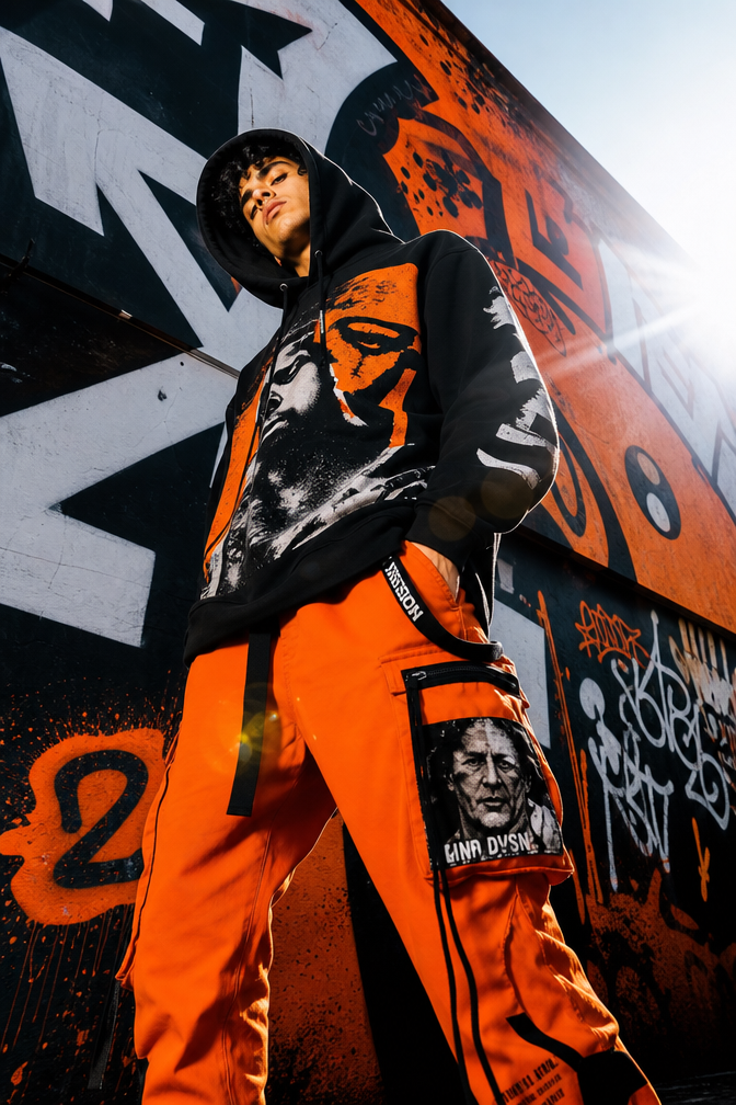 A bold urban streetwear editorial campaign poster, a young male model wearing ov