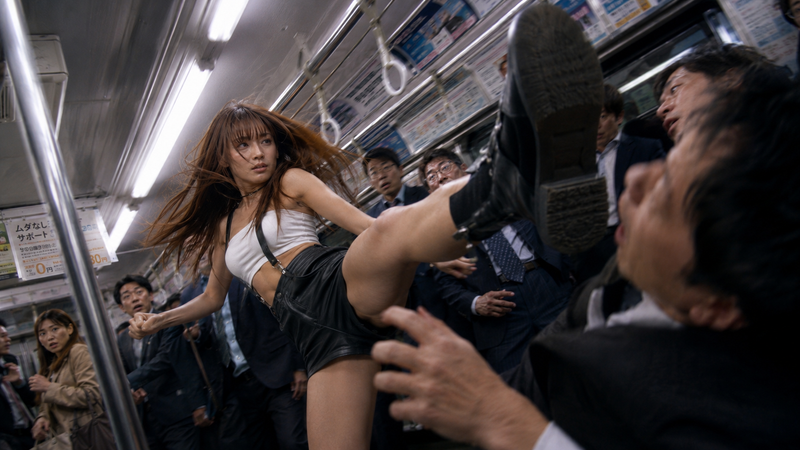 Dynamic Japanese TV drama impact shot, wide-angle action POV from the harassing 