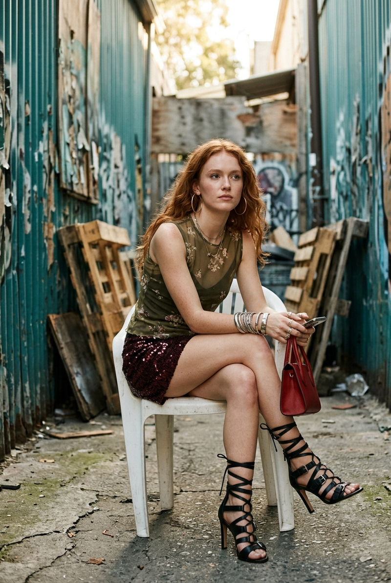 { "prompt": "A stylish young woman with long red hair sitting thoughtfully on a 