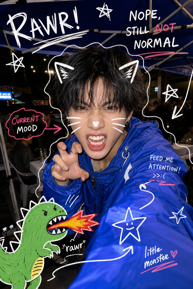 A playful, chaotic nighttime selfie captured with a wide-angle smartphone lens a