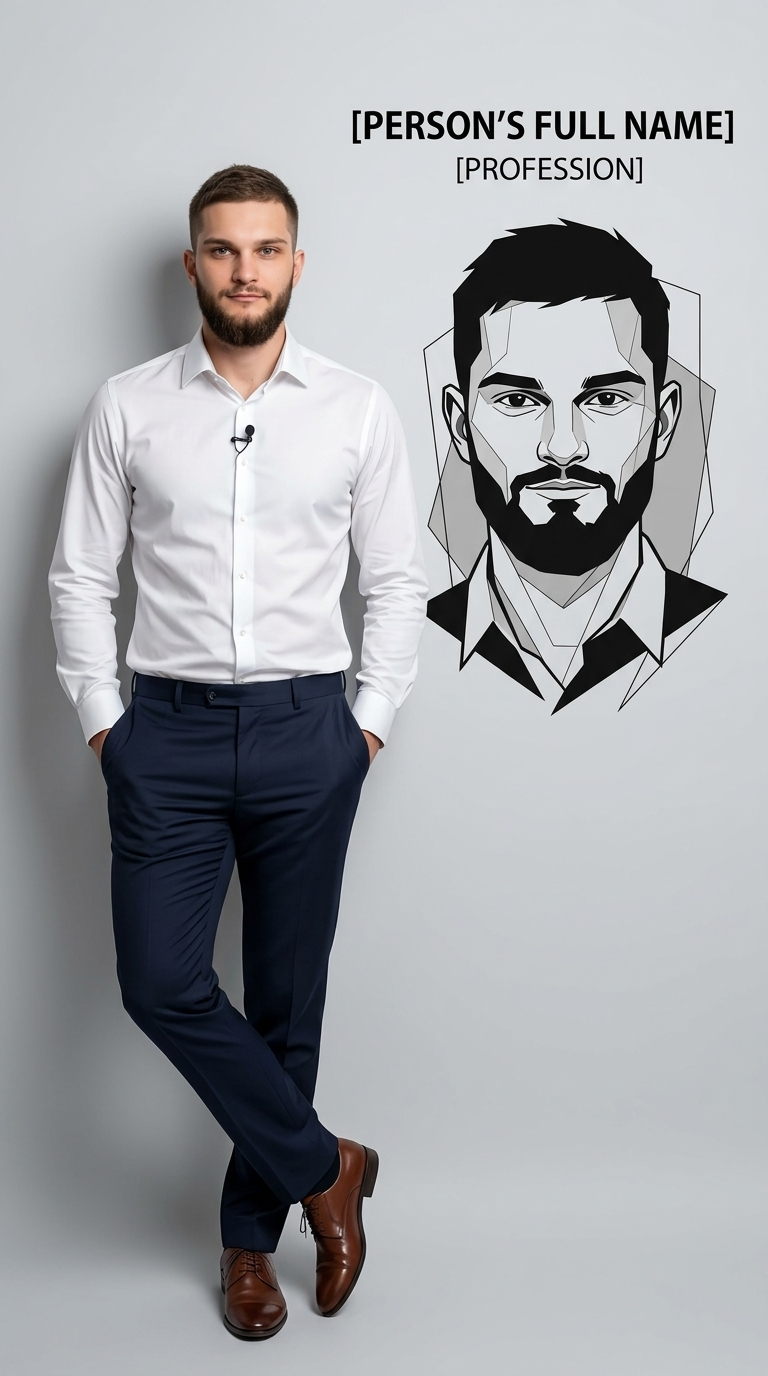 “Ultra-realistic 8K full body portrait of [PERSON’S FULL NAME], wearing a clean 