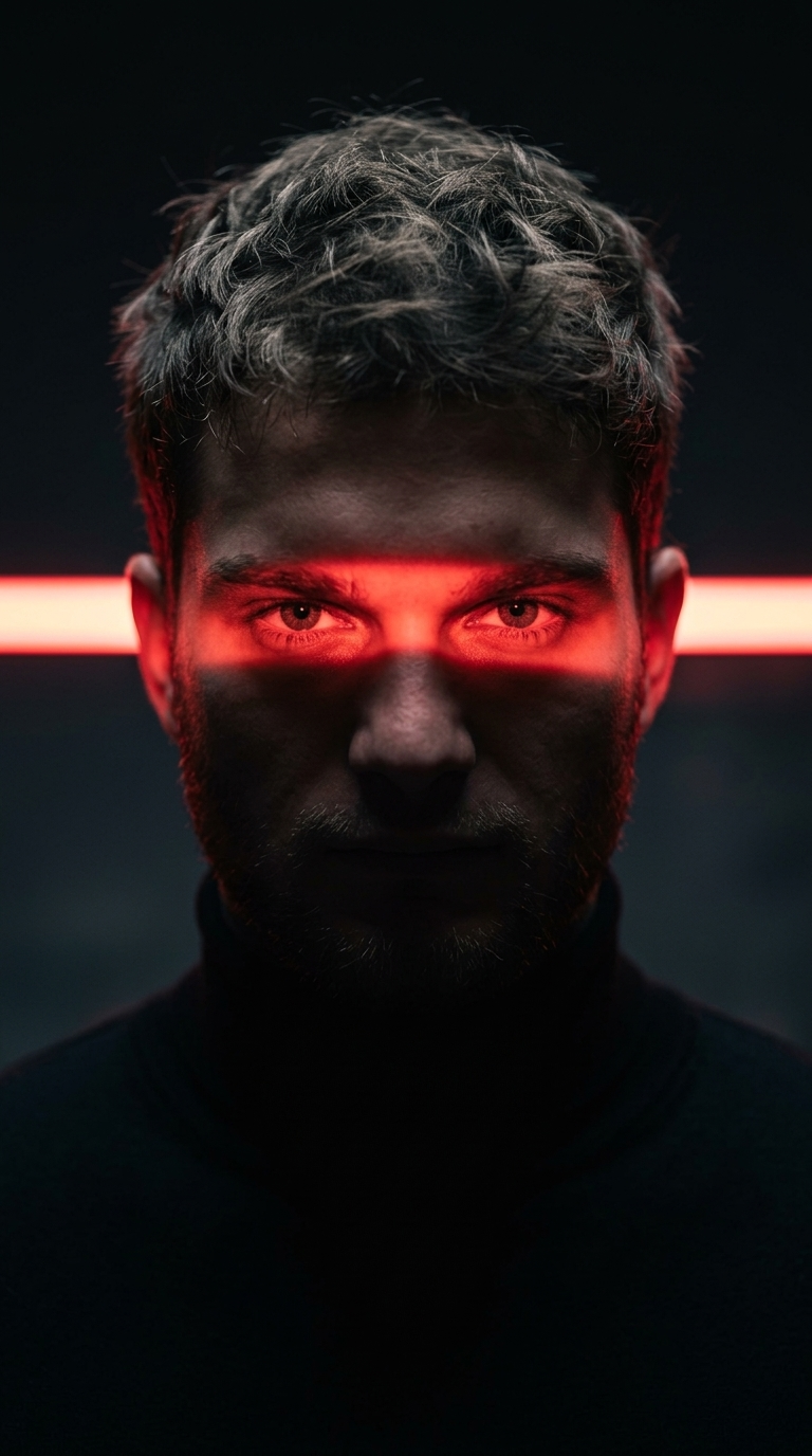 Cinematic studio portrait of a young man with messy textured hair, wearing a bla