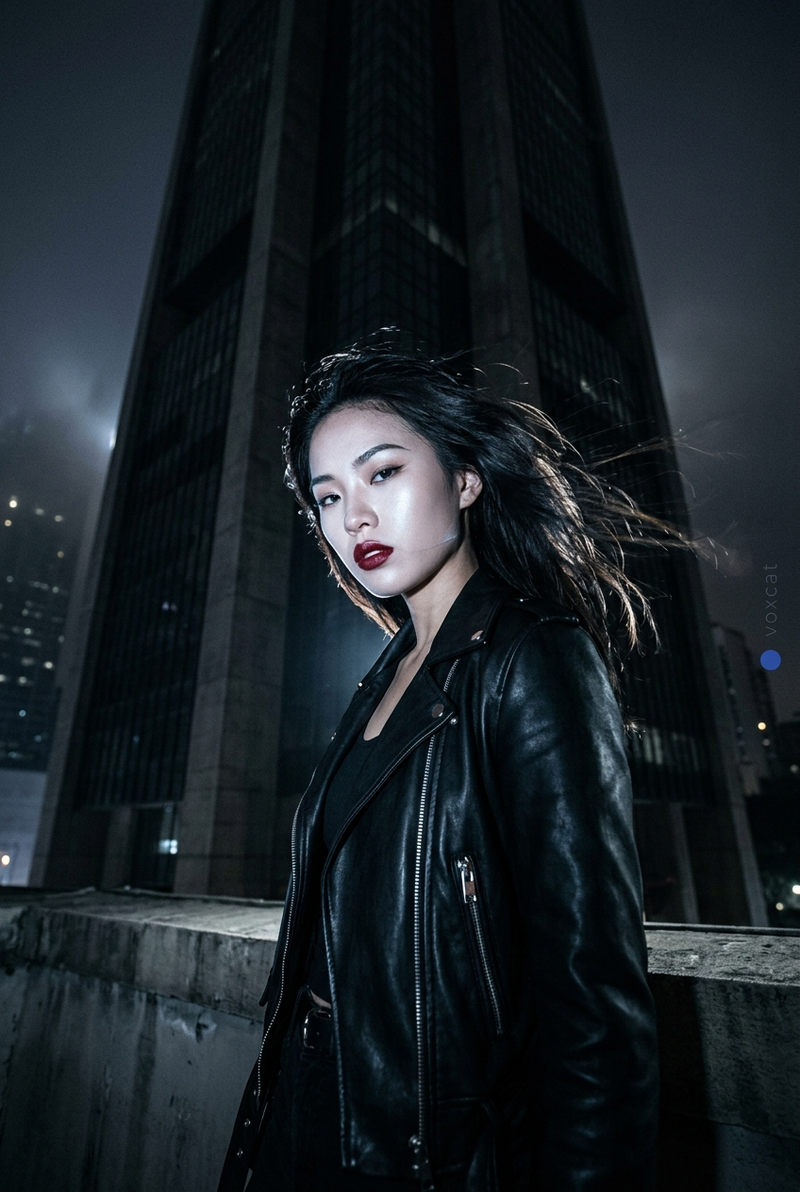 一张极具感官张力的 8K 夜景商业海报人像，聚焦于年轻女性在巨大城市地标前被强直闪切出的冷白面部与唇部高光瞬间。画面核心不是风景，而是“强闪打亮的脸”和“被压暗