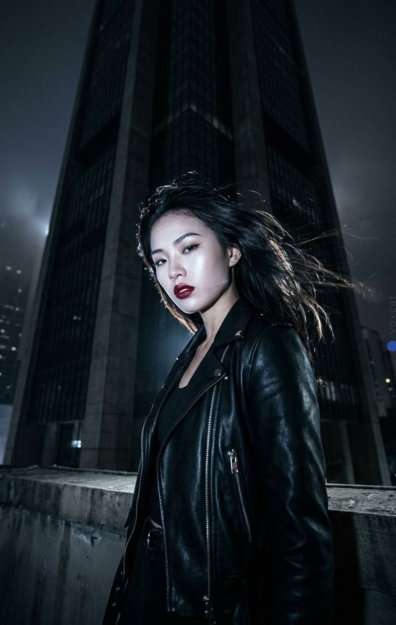 一张极具感官张力的 8K 夜景商业海报人像,聚焦于年轻女性在巨大城市地标前被强直闪切出的冷白面部与唇部高光瞬间。画面核心不是风景,而是“强闪打亮的脸”和“被压暗