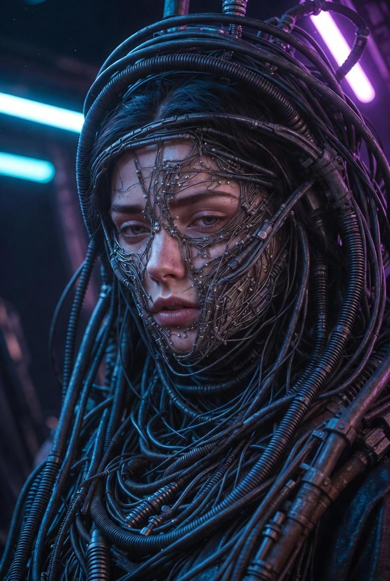 hyperrealistic cyber witch, front view, , saturnian, technomancer, dystopian, ca