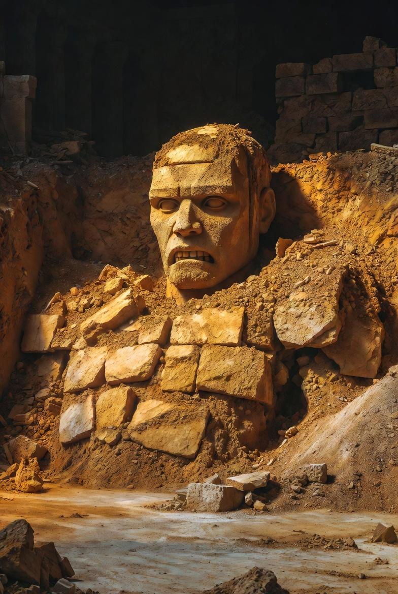 a giant golem being uncovered at an archeological dig site, yellow light, fearso