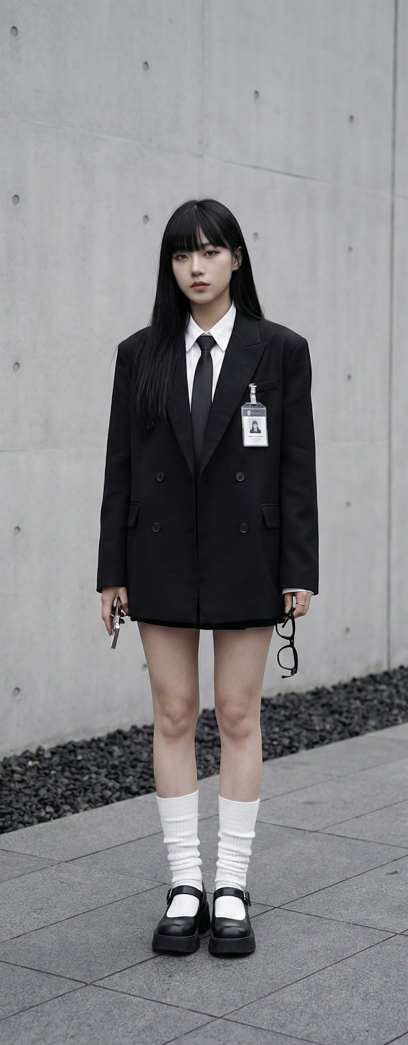 { "subject": { "description": "A stylish young Asian woman standing outdoors in 