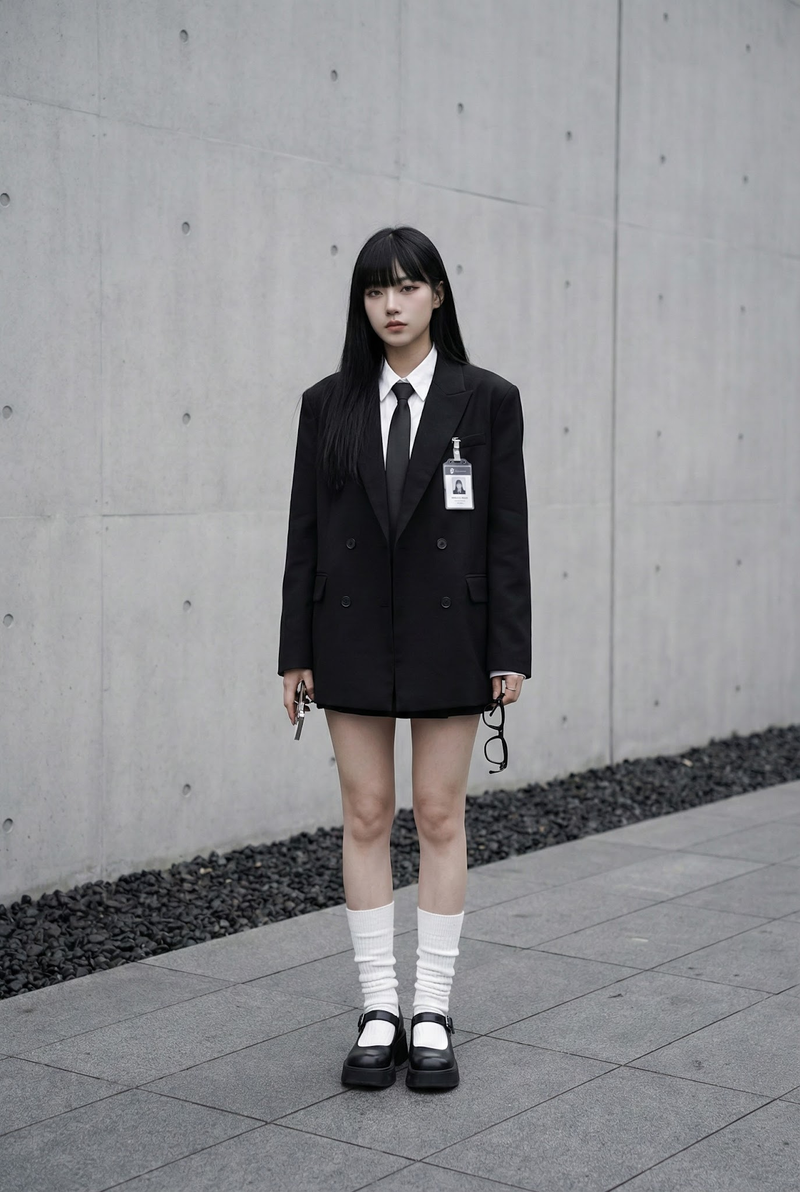 { "subject": { "description": "A stylish young Asian woman standing outdoors in