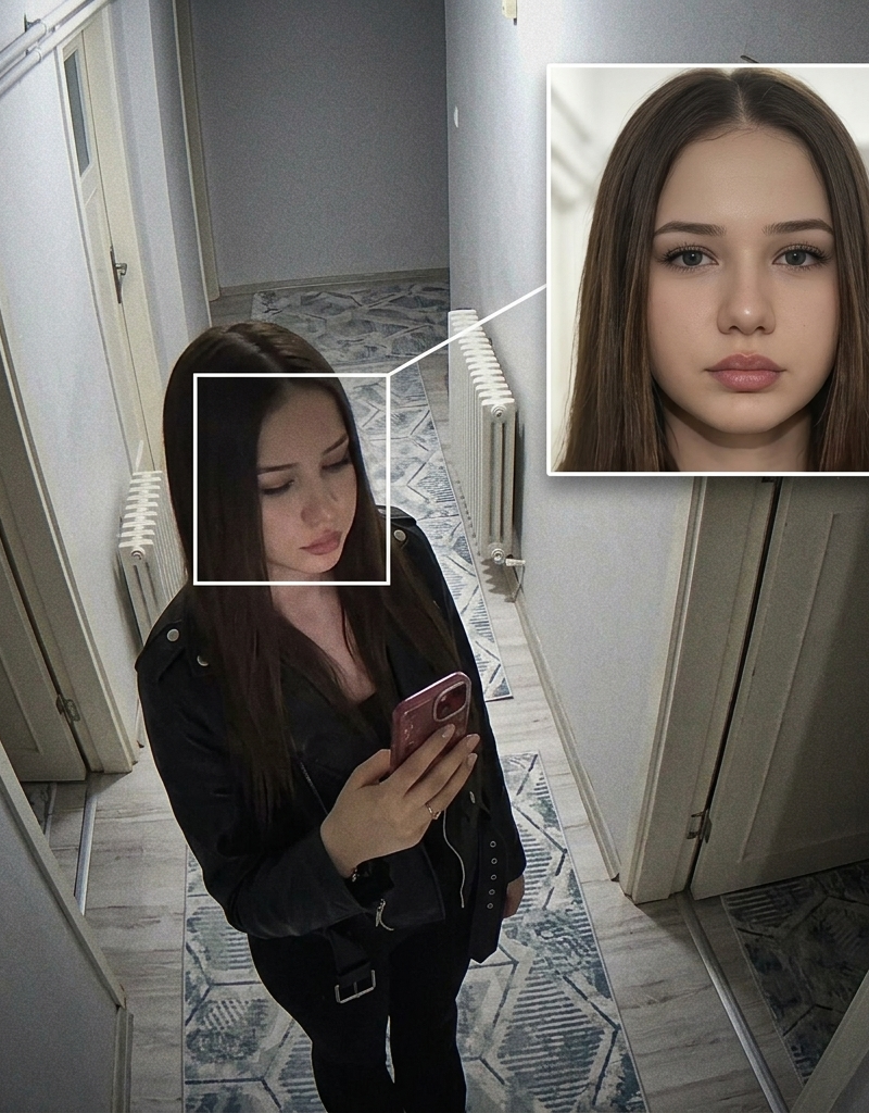 Create a high angle CCTV surveillance shot using the uploaded image as the sourc