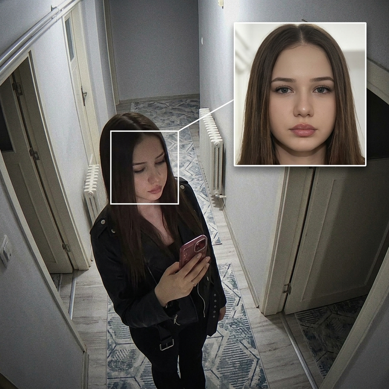 Create a high angle CCTV surveillance shot using the uploaded image as the sourc