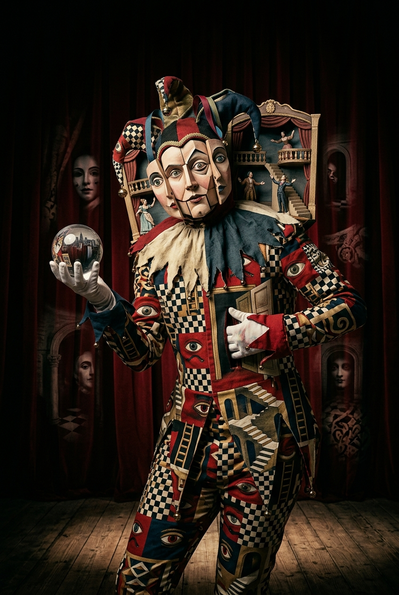 A theatrical portrait of a jester-like surreal figure standing beneath spotlight