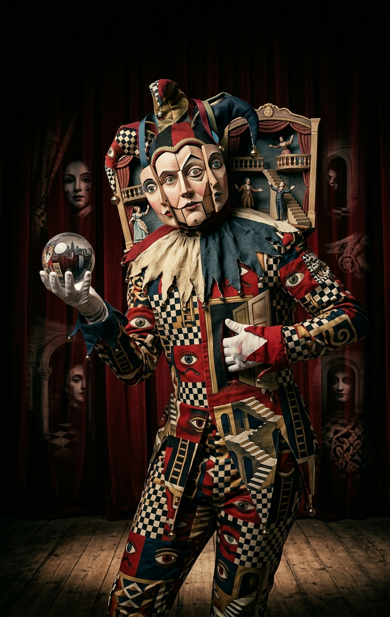 A theatrical portrait of a jester-like surreal figure standing beneath spotlight