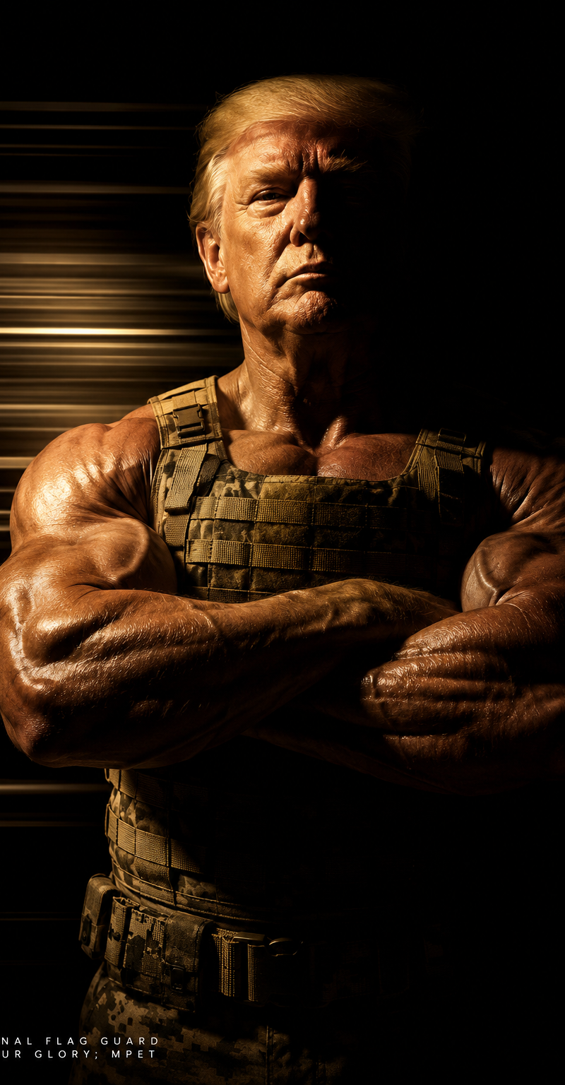 Donald Trump reimagined as a surreal muscular national-guard-like cinematic figu