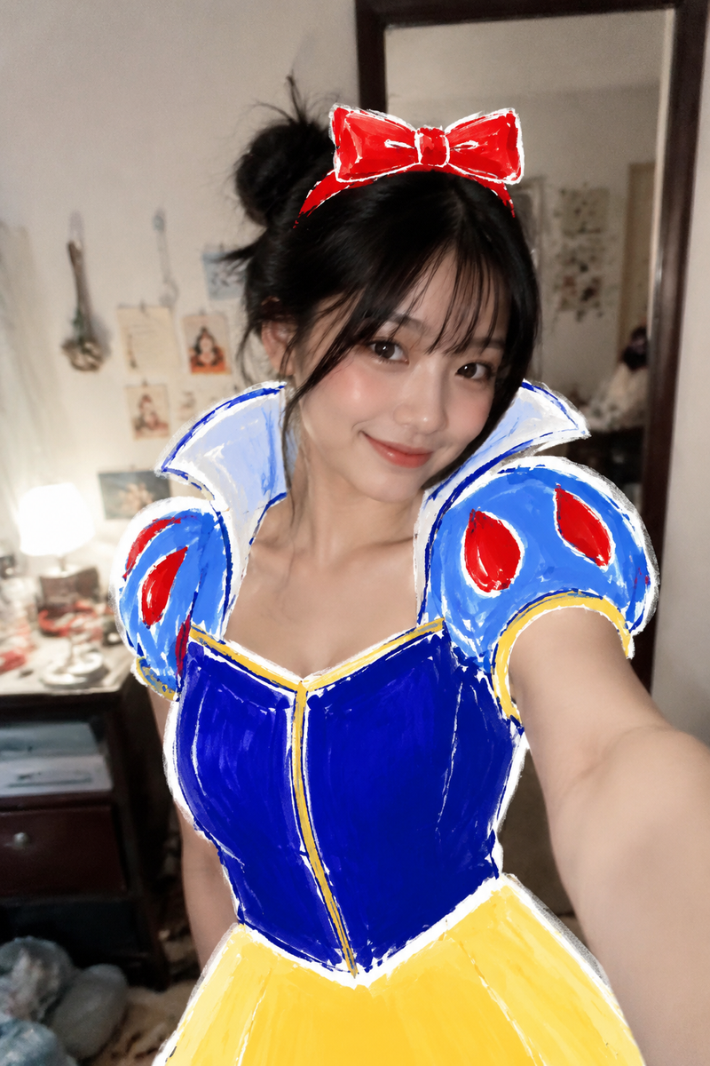 图像生成。一位日本女性，在自己的房间里站着自拍，俏皮自信的微笑，优雅姿势，浅景深，像手机拍摄的 casual 自拍照片。 照片上方叠加明显的粗马克笔和海报颜料手