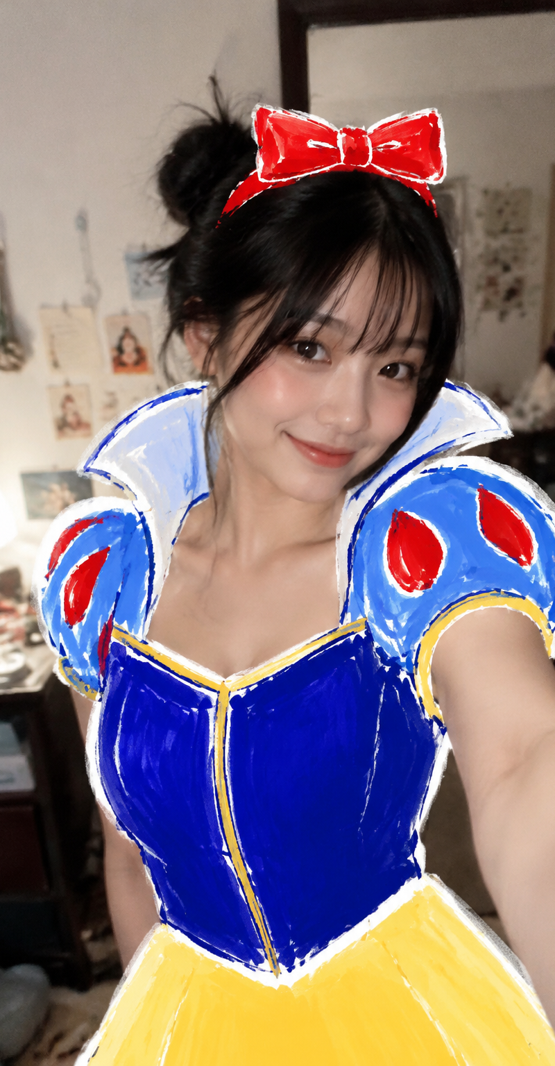 图像生成。一位日本女性,在自己的房间里站着自拍,俏皮自信的微笑,优雅姿势,浅景深,像手机拍摄的 casual 自拍照片。 照片上方叠加明显的粗马克笔和海报颜料手