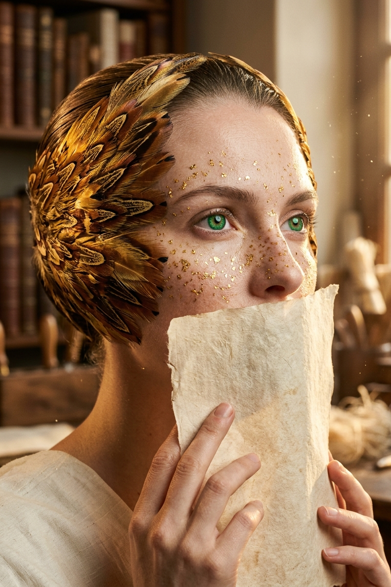 { "vibe_title_en": "Gilded Feather Silence", "master_prompt": "A hyper-realistic