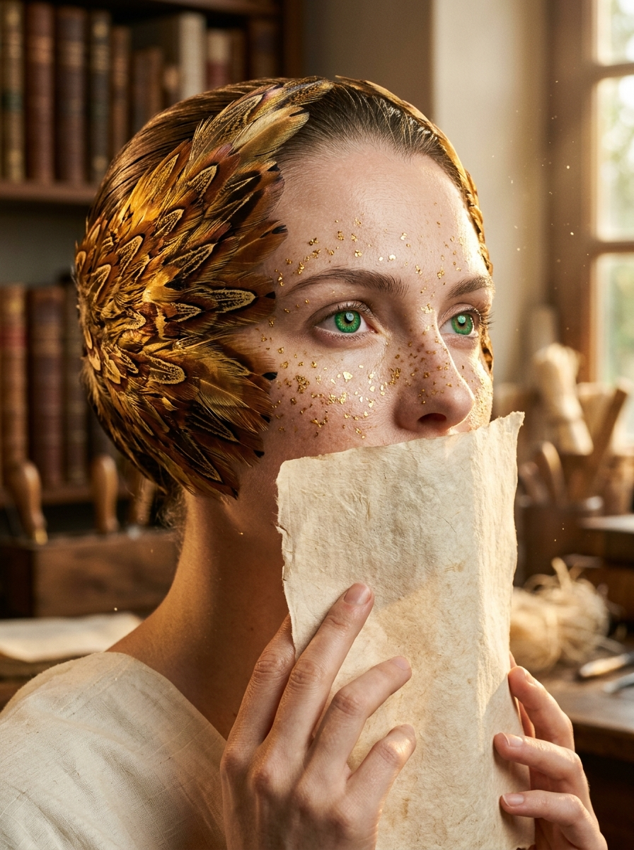 { "vibe_title_en": "Gilded Feather Silence", "master_prompt": "A hyper-realistic