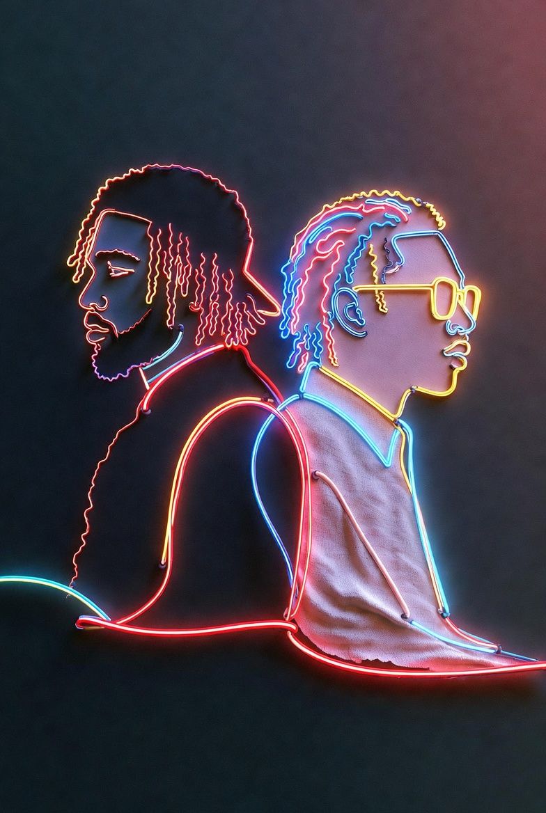 3000 x 3000 hip hop album cover neon sign design, minimalistic , embodying 2 men