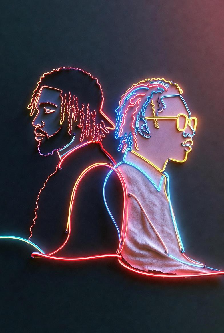 3000 x 3000 hip hop album cover neon sign design, minimalistic , embodying 2 men