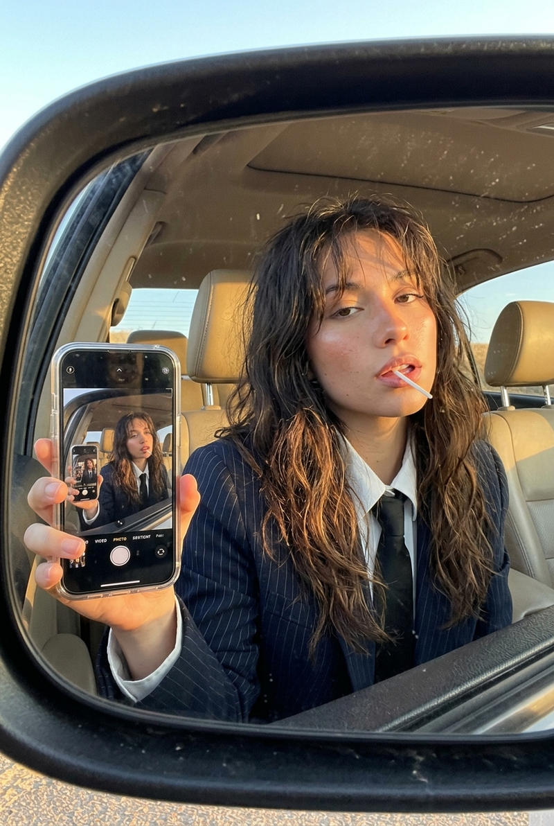 { "subject": { "description": "A young adult woman in a dark pinstripe blazer, w