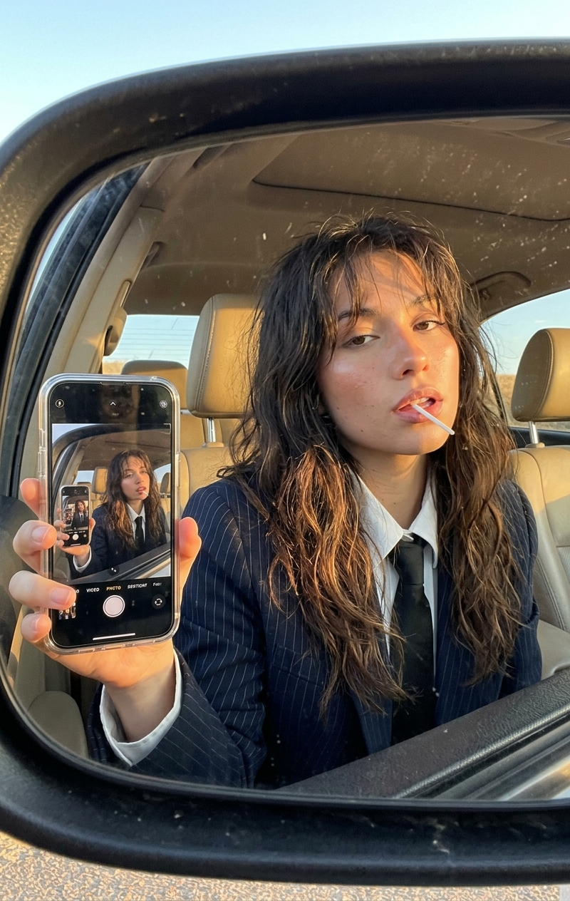 { "subject": { "description": "A young adult woman in a dark pinstripe blazer, w