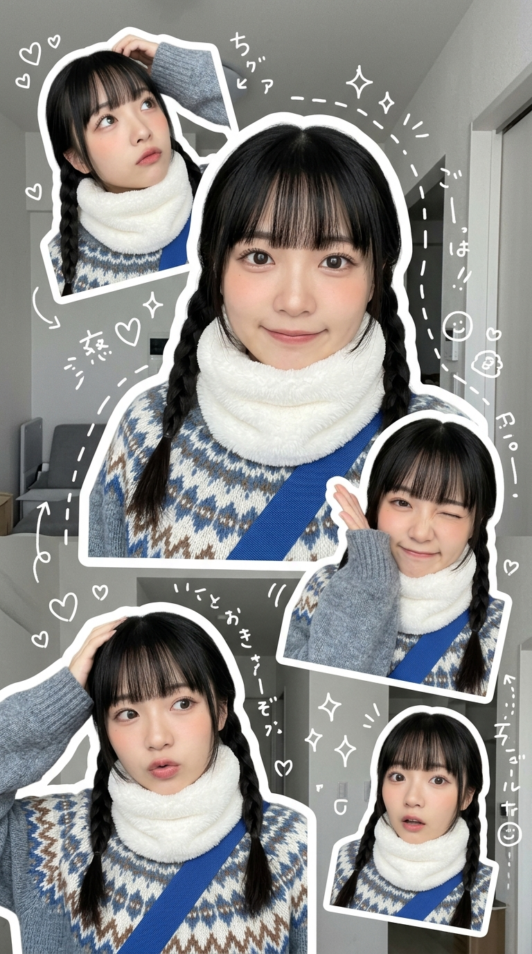 { "subject": { "description": "The same cute young East Asian woman appears five