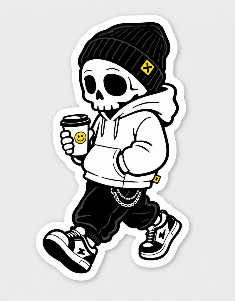 Minimal monochrome sticker illustration of [SUBJECT], bold black outlines, tiny 