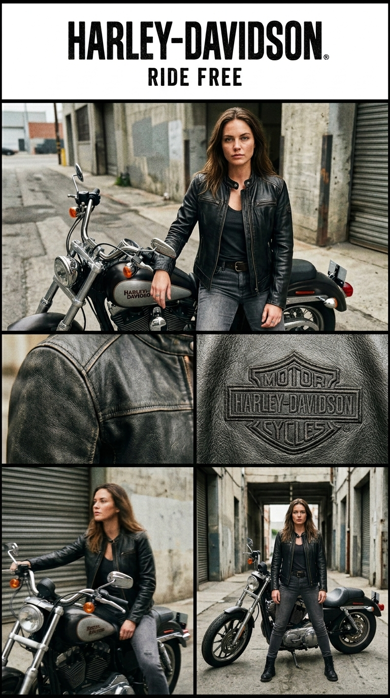 { "Objective": "Create a cinematic fashion advertisement layout for a leather ja