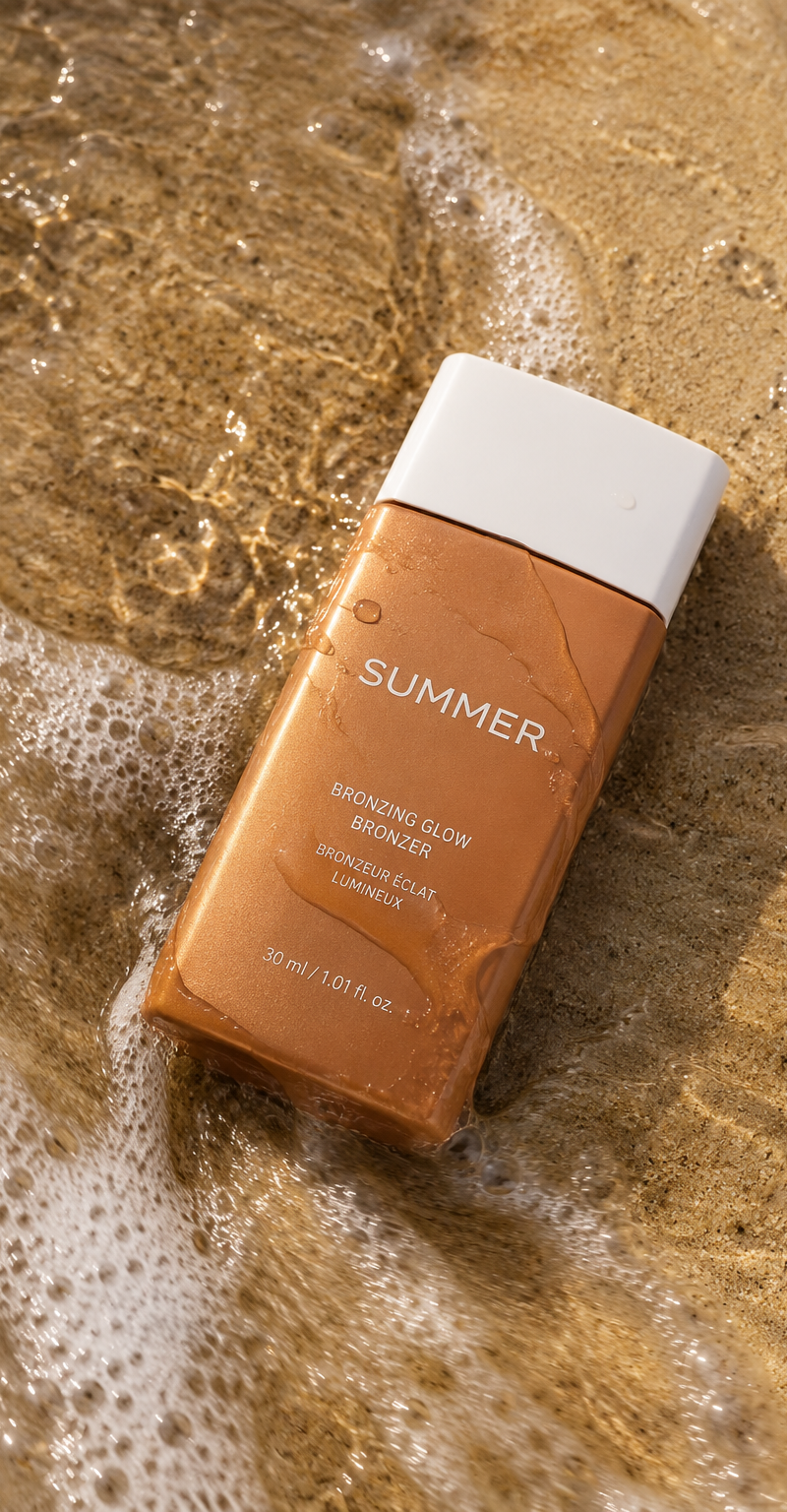 Ultra-realistic summer beauty product photography: bronzer bottle