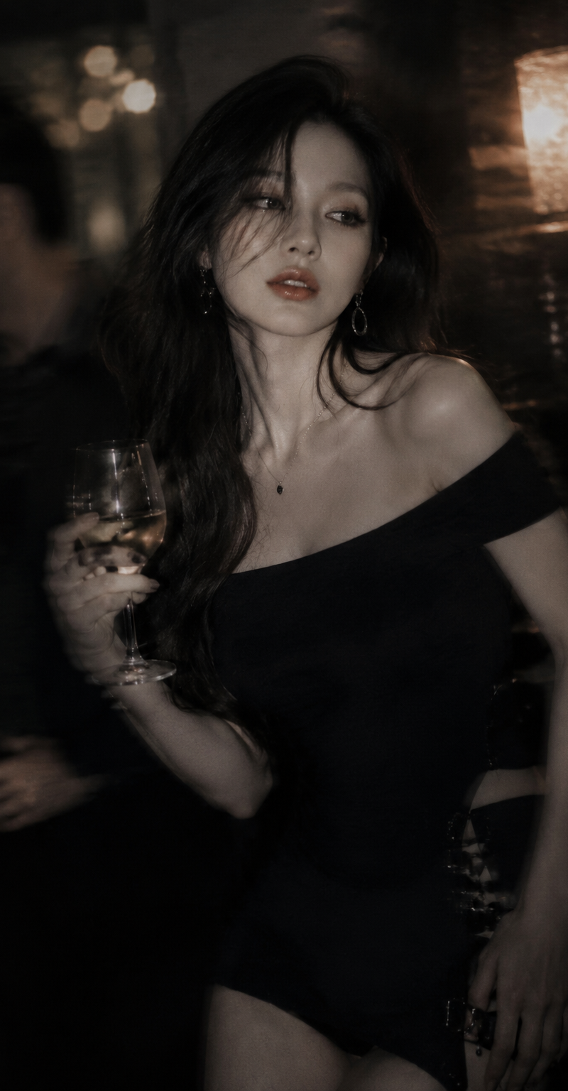 Low-light cinematic portrait, telephoto lens compression, shallow depth of field